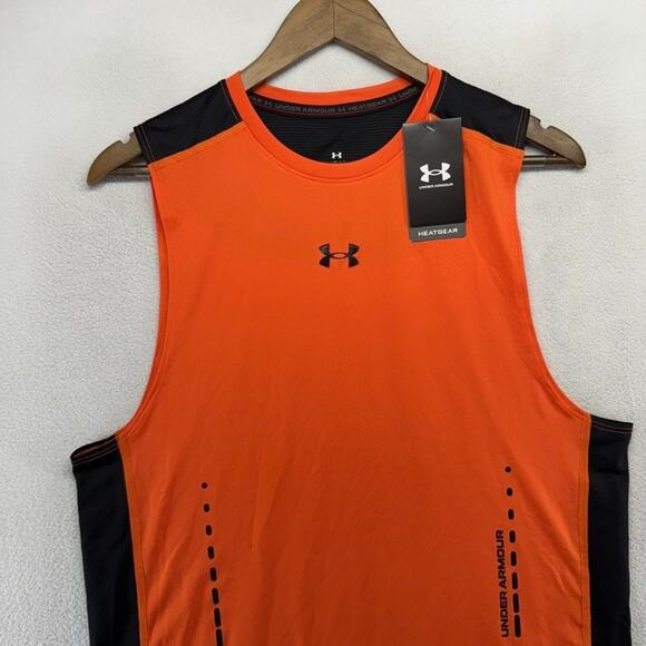 Under Armour Tank Top Men's medium Orange Black Fitted Heatgear Vent Gym NEW - Picture 1 of 9